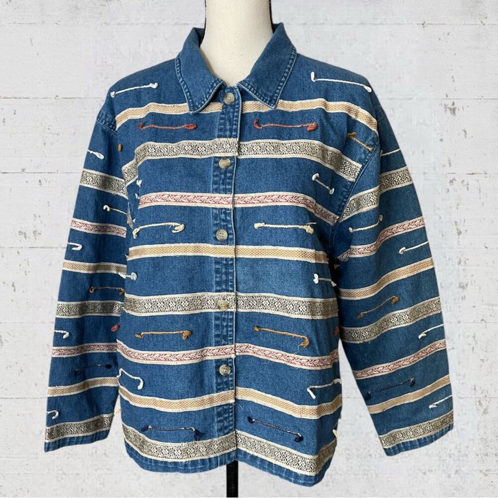 VTG Tantrums Women's Denim Boho Embroidered Jean Shirt Jacket Size L